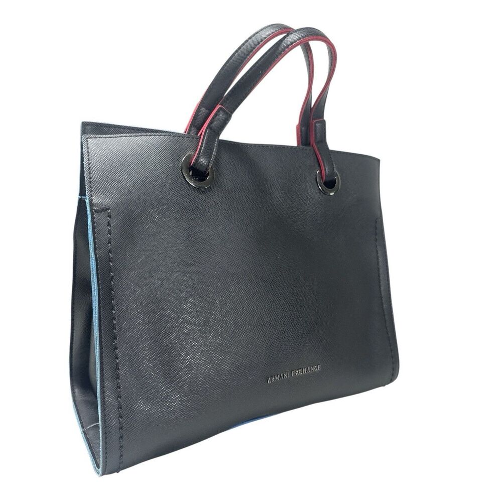 Armani Exchange Black Eco Leather Shopper Tote Hand Bag Purse Blue Pink Edge
